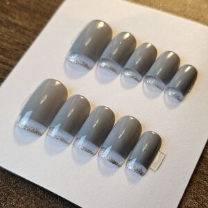 24 pcs grey blue clear french tip reversed special press on nails